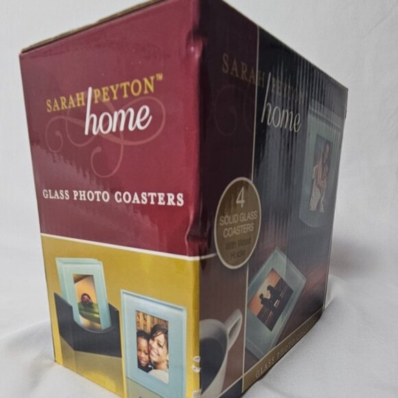 Coasters Set of 4 Beveled Glass Sarah Peyton Home Wood Holder Pictures NIB T13 - Picture 6 of 6